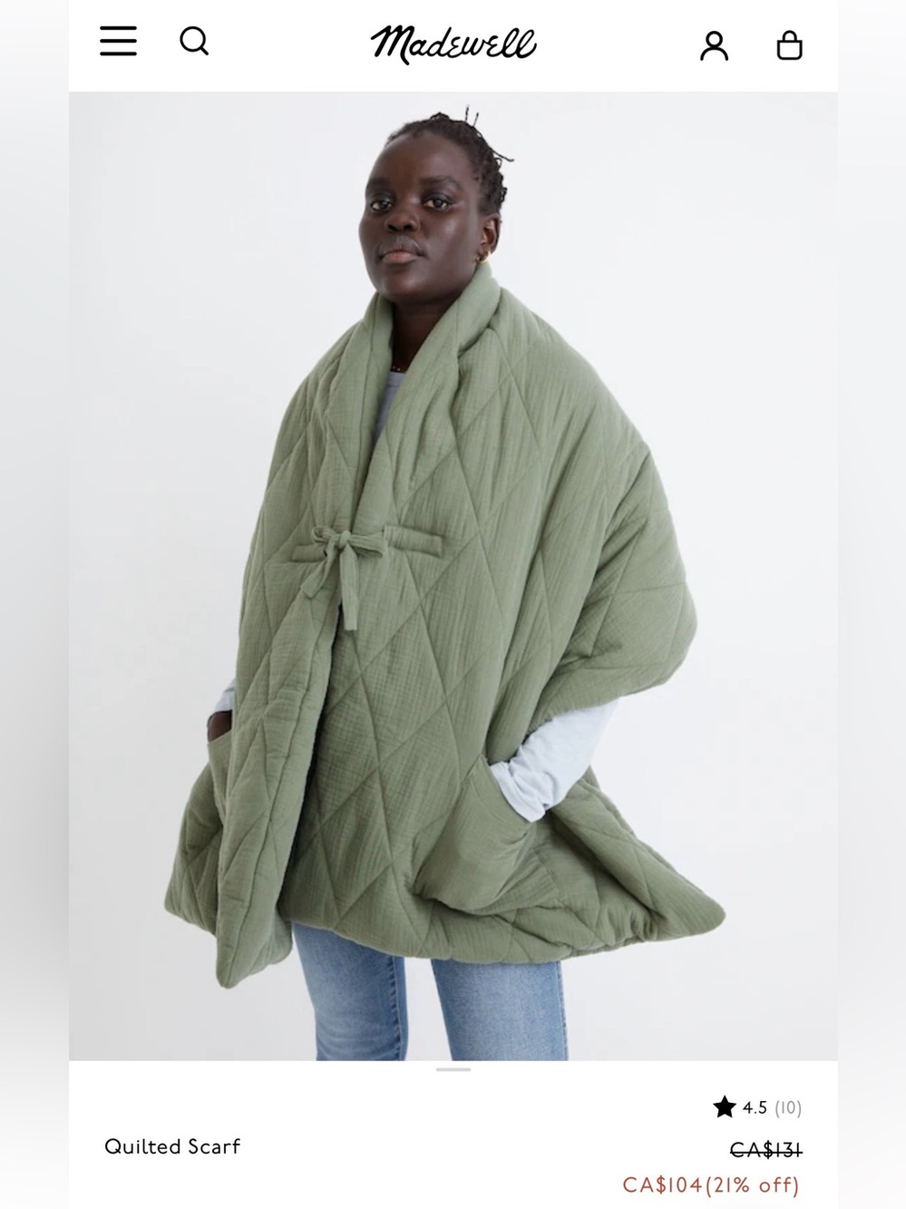 Madewell Quilted Scarf Blanket Faded Palm Green Cotton Wrap